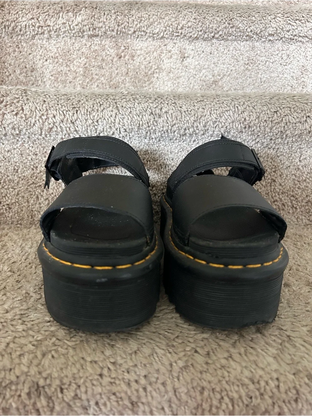 Dr. Martens Black Platform Sandals with Yellow Stitching